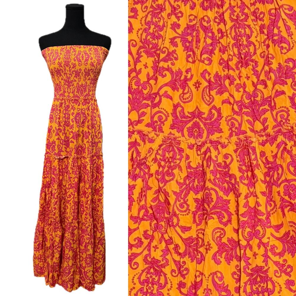NEW Abel the Label Bondi Strapless Dress Maxi Pattern Print Orange Pink Large